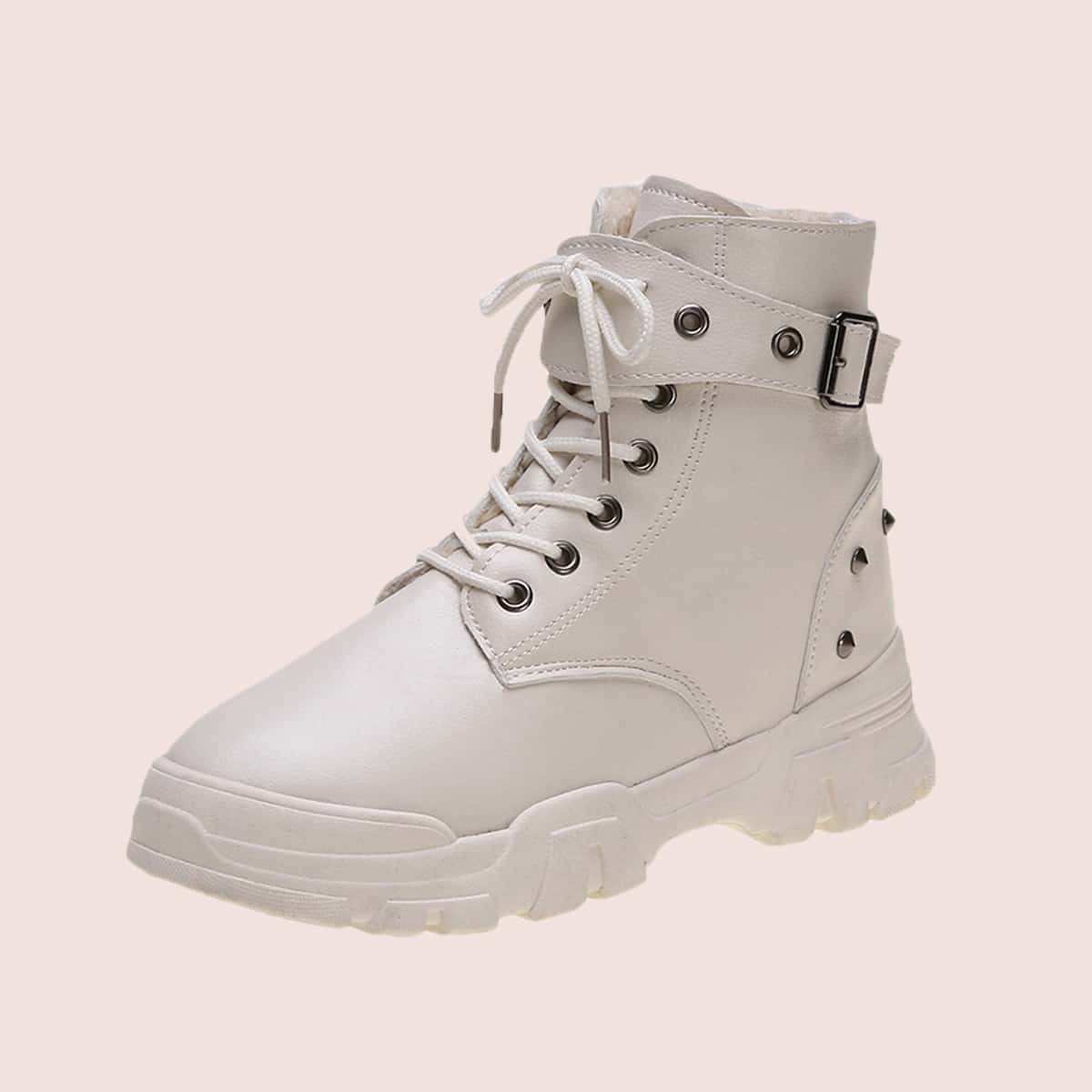 

Buckle Lace-up Combat Boots, Beige