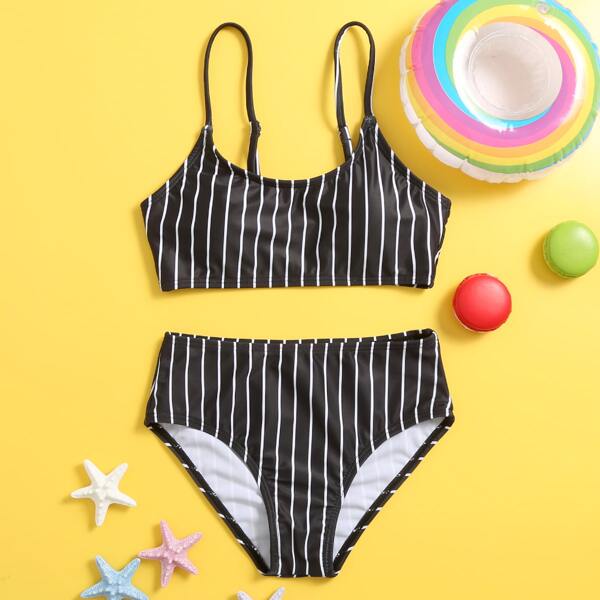 

Girls Striped Print Bikini Swimsuit, Black