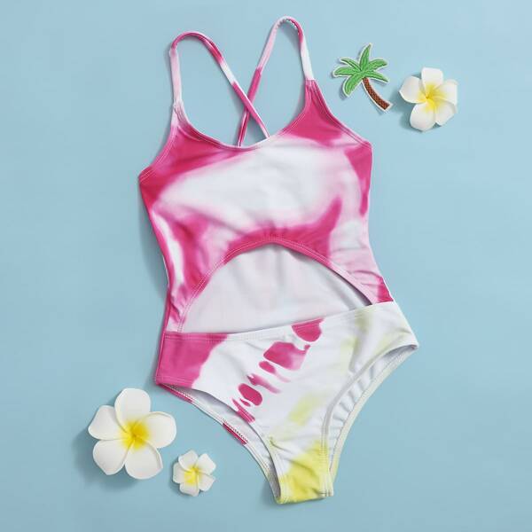 

Girls Tie Dye Cut-out One Piece Swimsuit, Multicolor