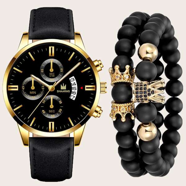 

1pc Men Calendar Quartz Watch & 2pcs Beaded Bracelet