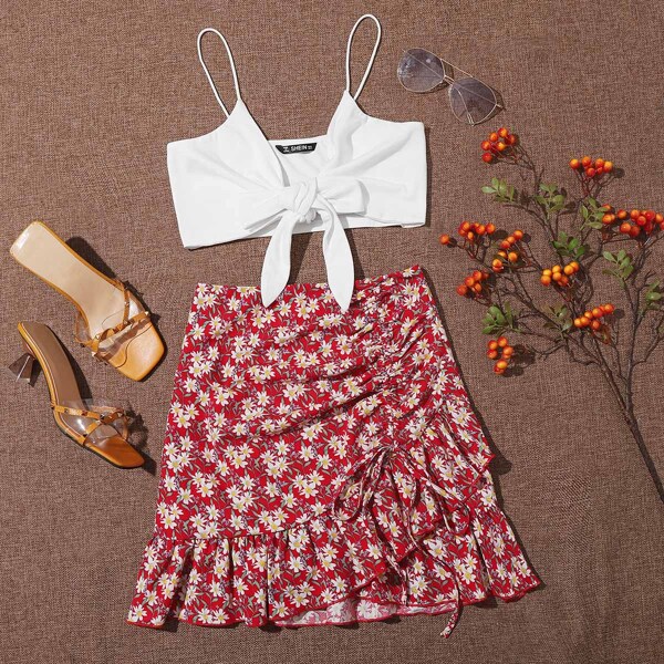 

Tie Front Solid Cami Top & Drawstring Detail Ruffle Hem Wrap Skirt Set, Multicolor