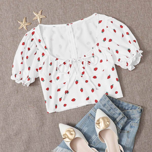 

Strawberry Print Knot Blouse, White