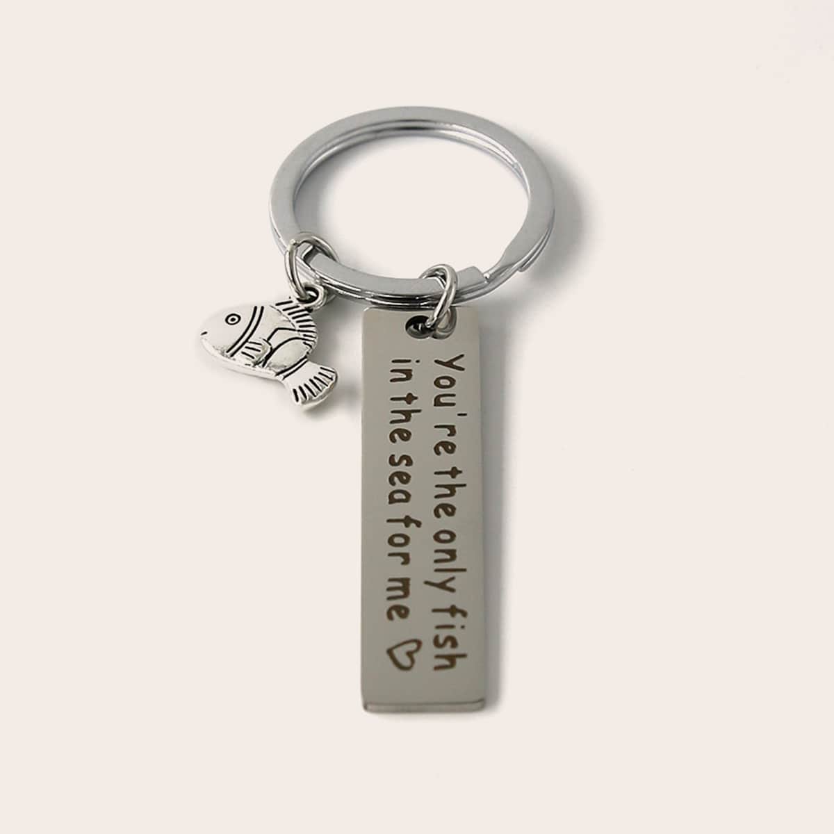 

Slogan Decor Fish Charm Keychain, Silver