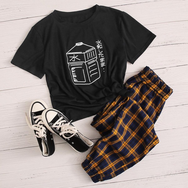 

Plus Letter & Graphic Round Neck Tee, Black