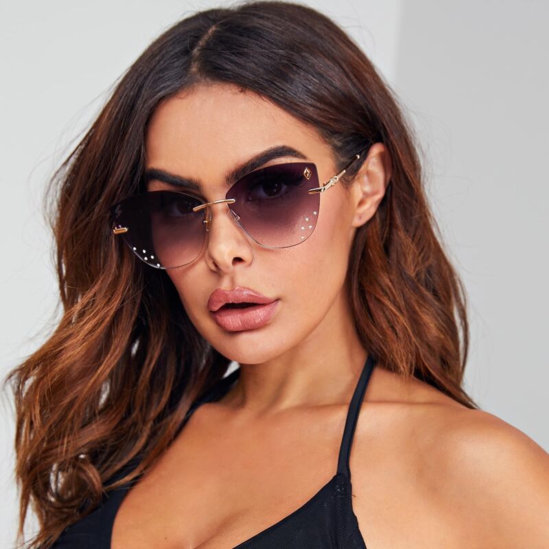 

Rhinestone Engraved Rimless Sunglasses, Purple