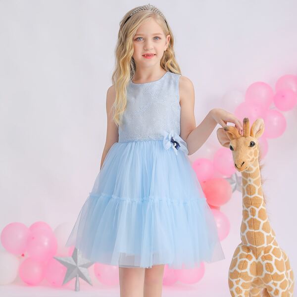 

Girls Embroidered Bodice Bow Detail Mesh Dress, Baby blue