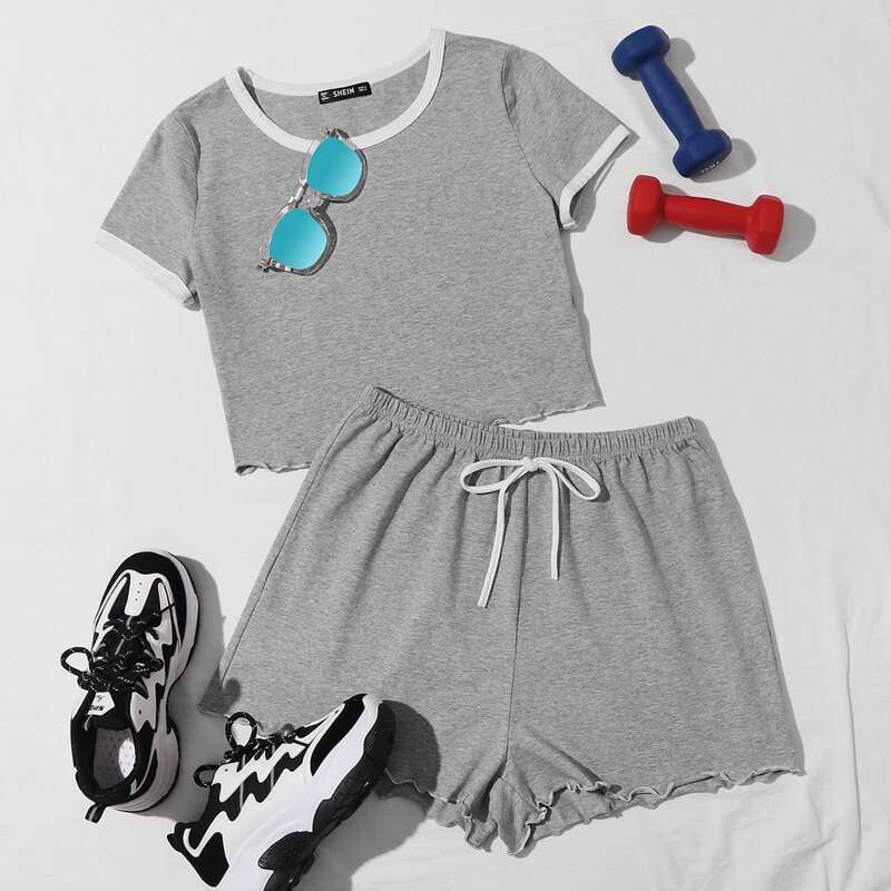 

Lettuce Trim Heather Gray Ringer Tee & Shorts PJ Set, Grey