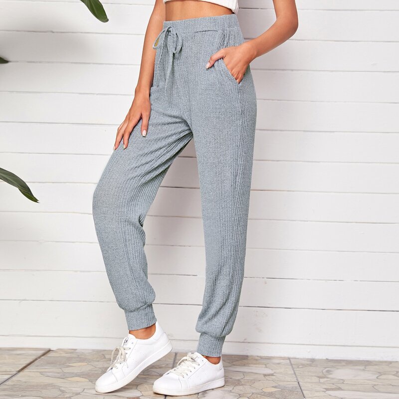 

Tie Front Rib-knit Pants, Light grey