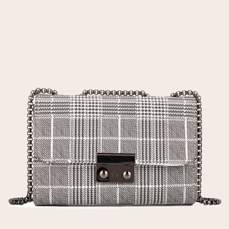 

Plaid Flap Crossbody Bag, Black