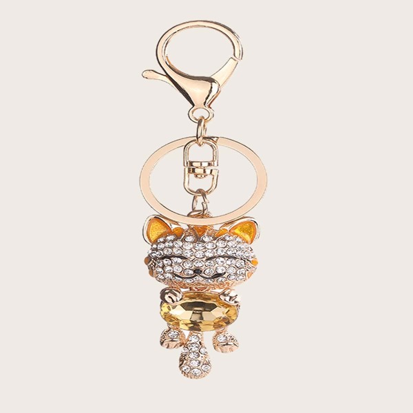 

Rhinestone Decor Cat Charm Keychain, Champagne