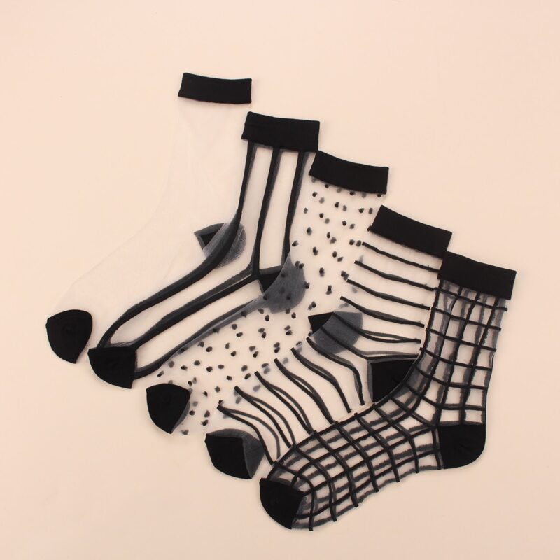 

5pairs Clear Striped & Plaid Mesh Socks, Black