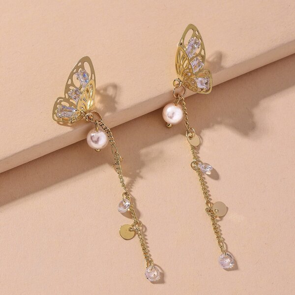 

Rhinestone Butterfly Drop Earrings, Gold