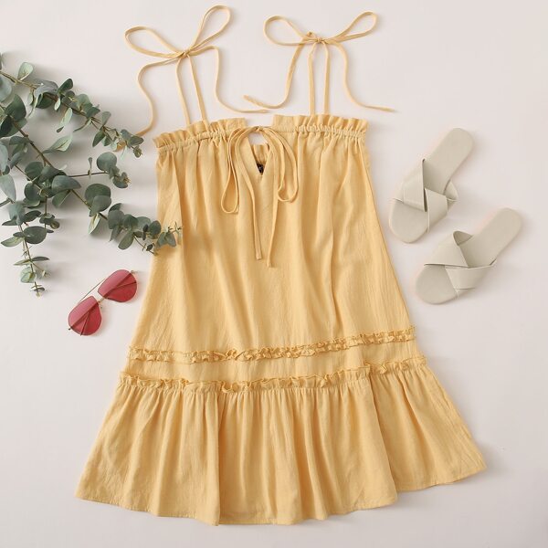 

Tie Neck and Shoulder Frill Trim Solid Dress, Yellow