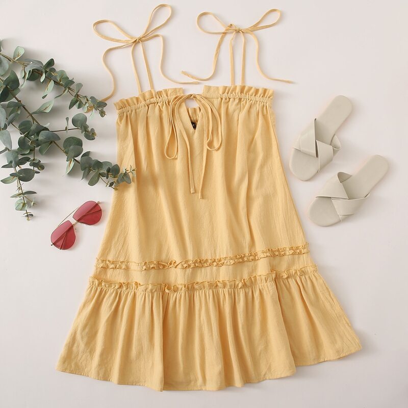

Tie Neck and Shoulder Frill Trim Solid Dress, Yellow
