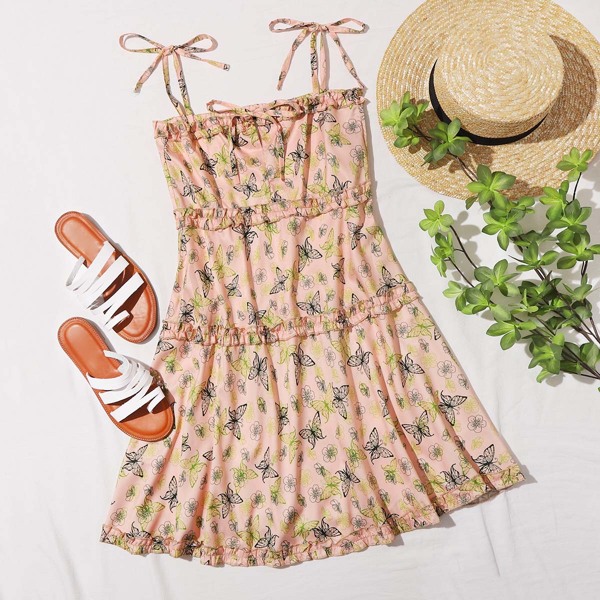 

Tie Neck and Shoulder Frill Trim Butterfly Dress, Multicolor