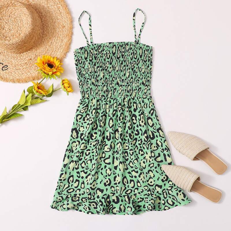 

Ruffle Hem Shirred Leopard Cami Dress, Mint green