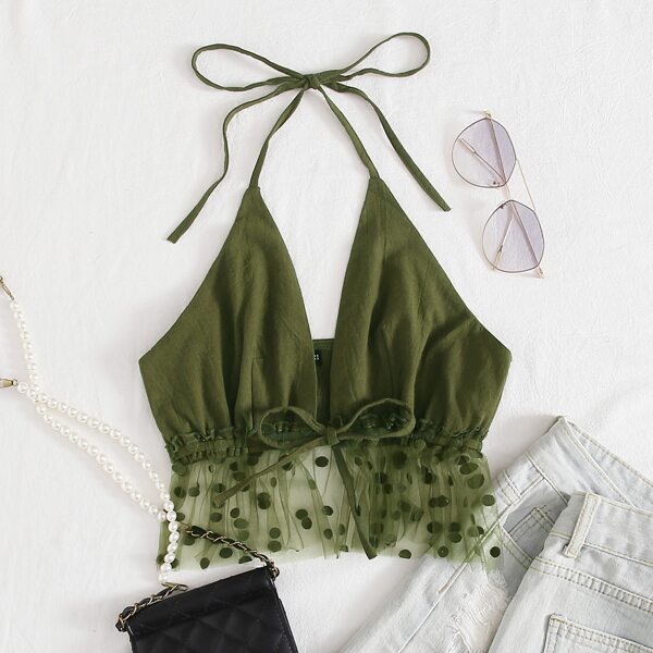 

Polka Dot Mesh Ruffle Hem Halter Top, Army green