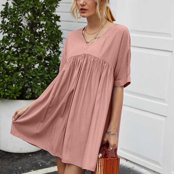 

V-neck Batwing Sleeve Babydoll Dress, Baby pink