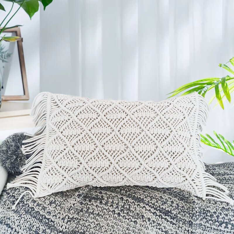 

Woven Tassel Lumbar Pillow Cover Without Filler, White