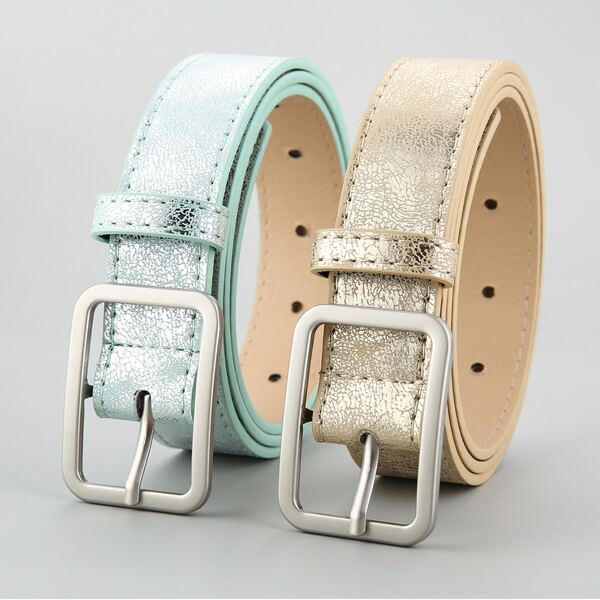 

2pcs Glitter Rectangular Buckle Belt, Multicolor