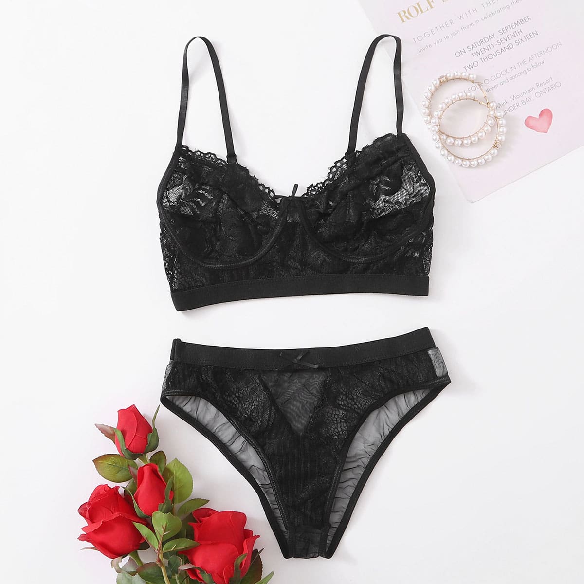 

Floral Lace Lingerie Set, Black