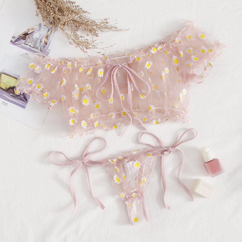 

Daisy Floral Sheer Mesh Lingerie Set, Pastel baby pink
