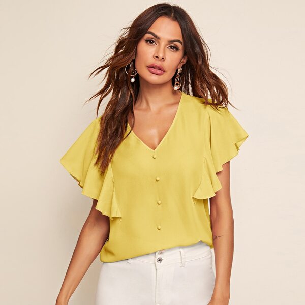 

Button Front Butterfly Sleeve Solid Top, Yellow