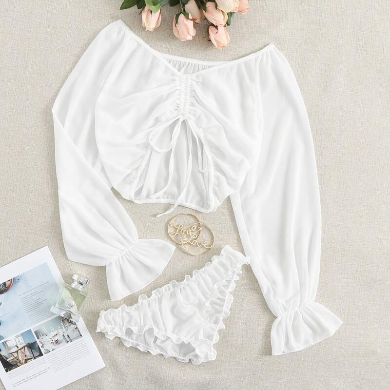 

Chiffon Drawstring Ruched Lingerie Set, White