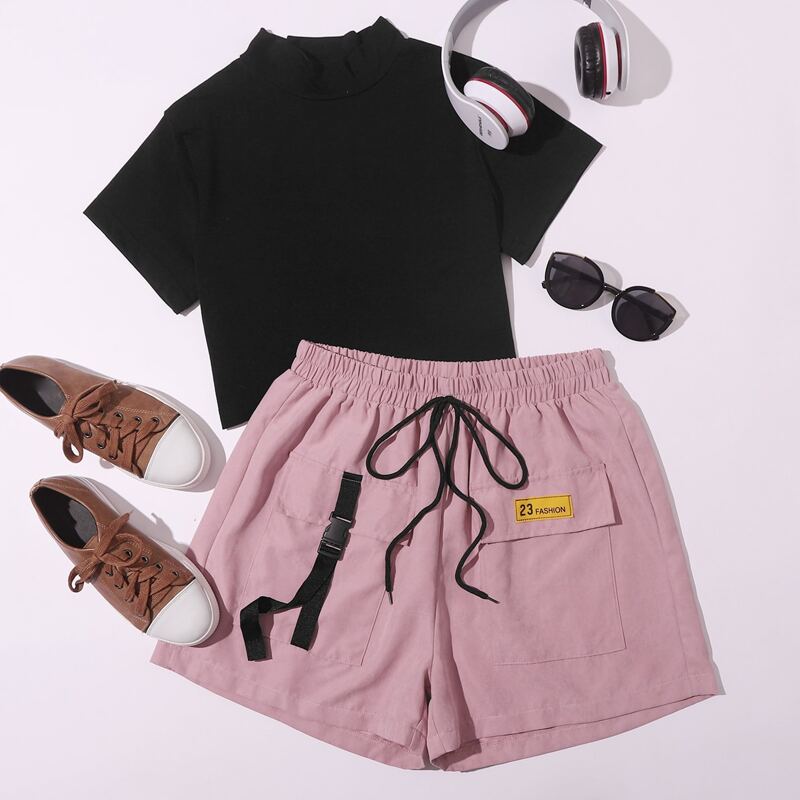 

Solid Mock Neck Tee & Flap Pocket Shorts, Multicolor