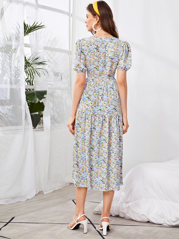 Ditsy Floral Puff Sleeve Midi Dress ...