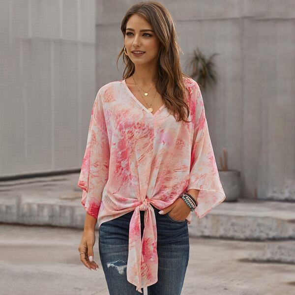 

V-neck Tie Dye Knot Hem Blouse, Multicolor