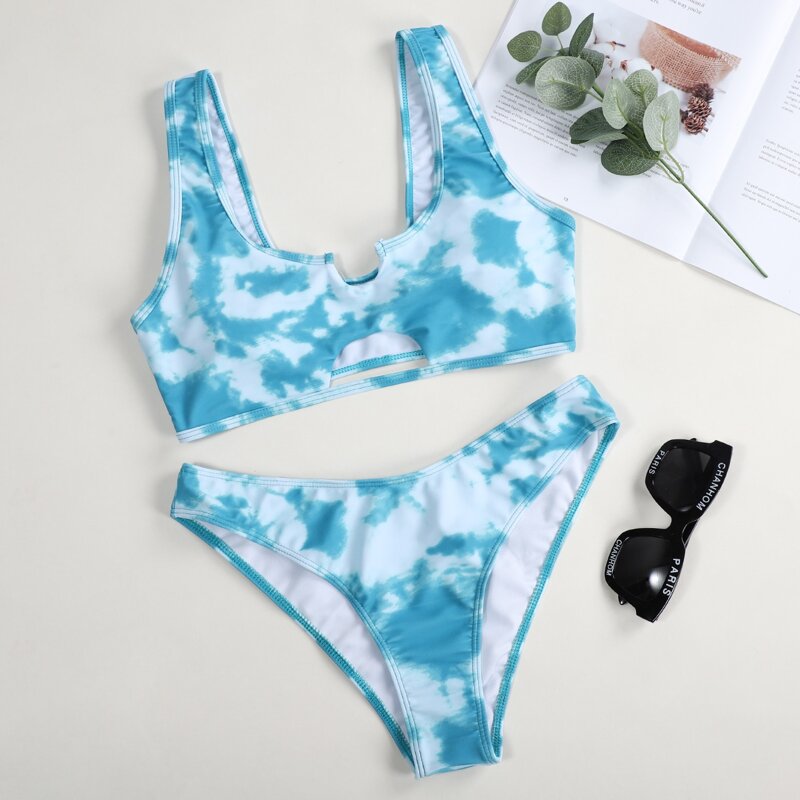 

Tie Dye Cut-out Bikini Swimsuit, Baby blue