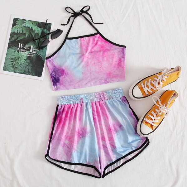 

Tie Dye Contrast Binding Halter Top & Shorts, Multicolor