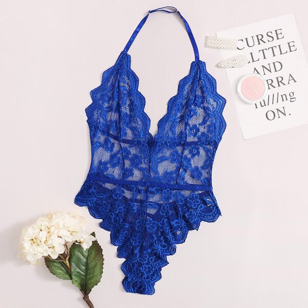 

Floral Lace Scallop Trim Halter Teddy Bodysuit, Bright royal blue