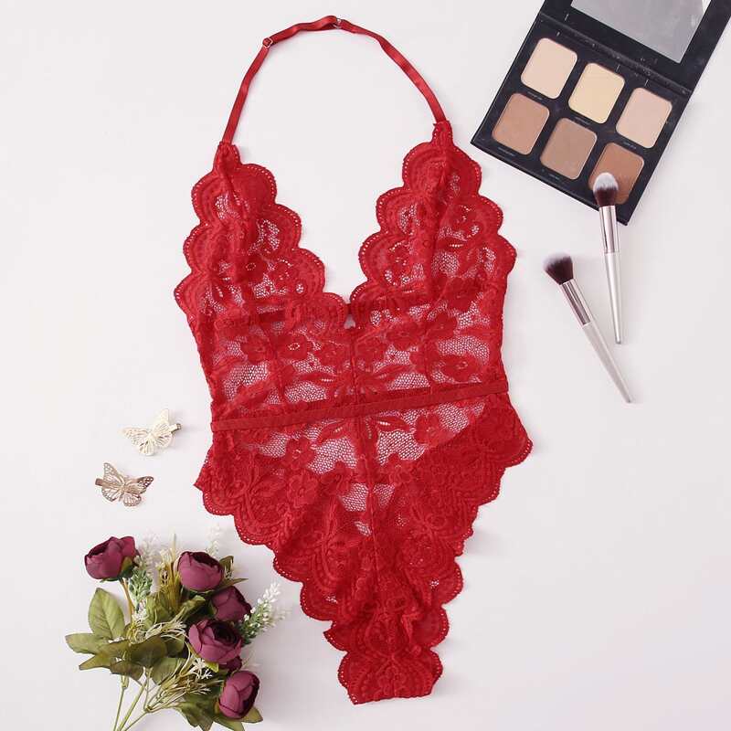 

Floral Lace Scallop Trim Halter Teddy Bodysuit, Red