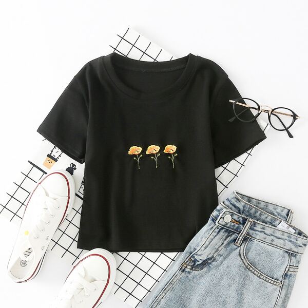 

Floral Print Short Sleeve Crop Tee, Black