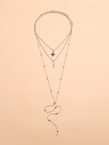 1 Set Summer Beach, Daily, Travel, Home Party, Evening Wear Multilayer Elephant, Moon, Shell, Geometric Necklace For Women - Silver - View 4