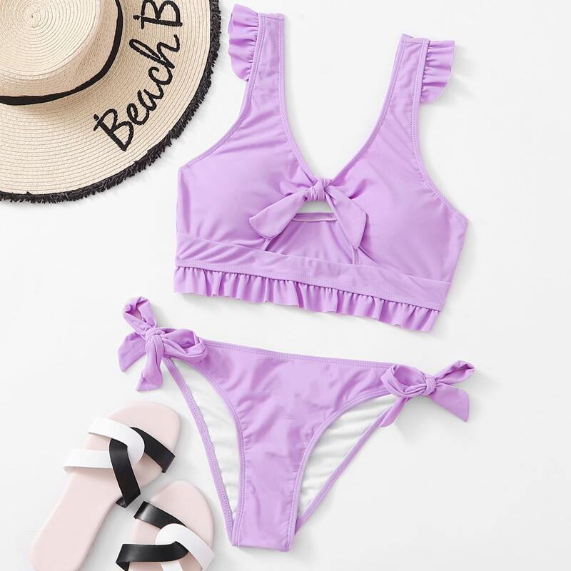 

Ruffle Trim Tie Side Bikini Swimsuit, Pastel lilac purple