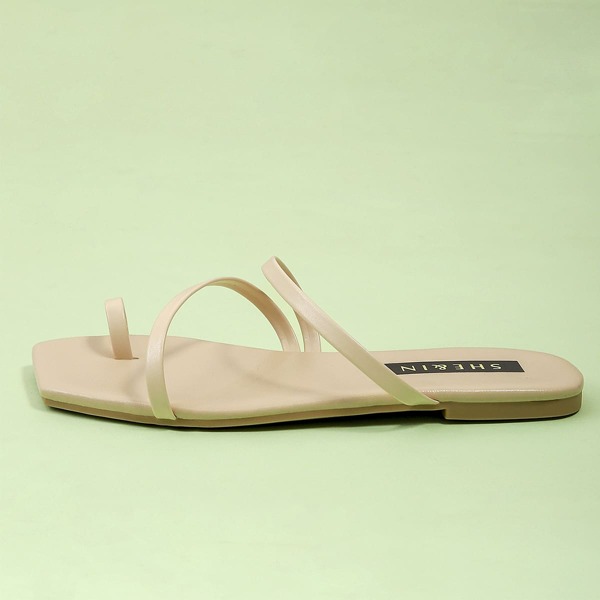 

Toe Loop Thin Strap Slide Sandals, Beige