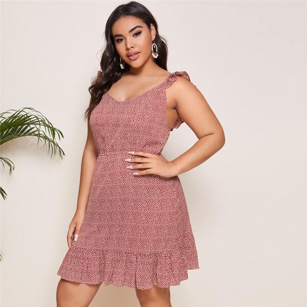 

Plus Ditsy Floral Ruffle Hem Sundress, Red