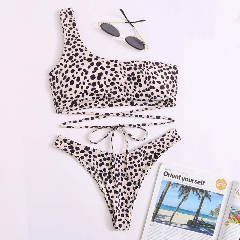

Dalmatian One Shoulder High Cut Bikini Swimsuit, Multicolor