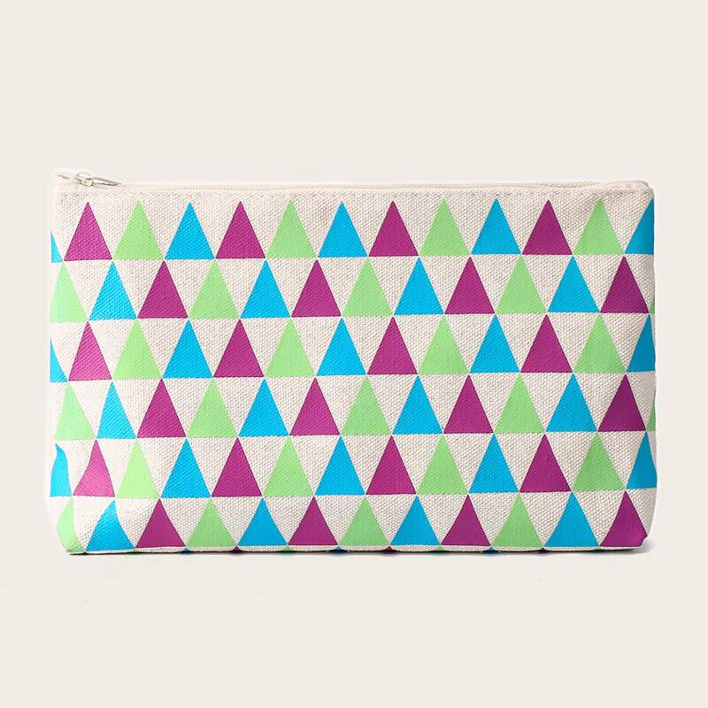 

1pc Geometric Print Makeup Bag, Beige