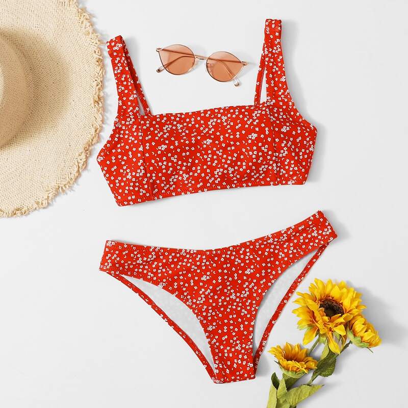 

Ditsy Floral Square Neck Bikini Swimsuit, Red