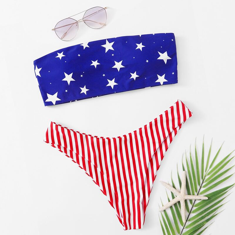 

American Flag Print Bandeau Bikini Swimsuit, Multicolor