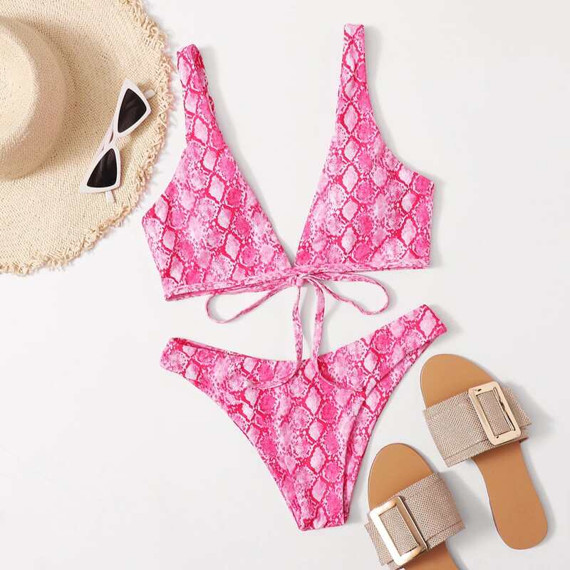 

Snakeskin V Neck Bikini Swimsuit, Pink