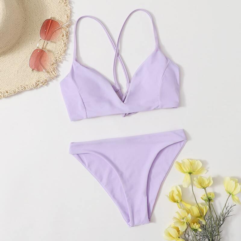 

Plain Criss Cross Bikini Swimsuit, Lilac purple