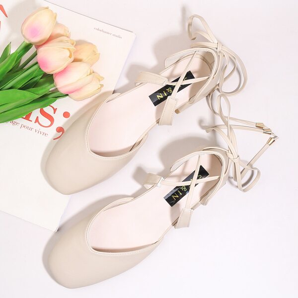 

Tie Leg Cross Strap Chunky Pumps, Beige