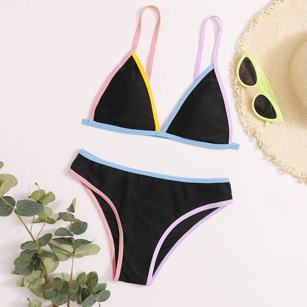 

Contrast Binding Triangle Bikini Swimsuit, Multicolor