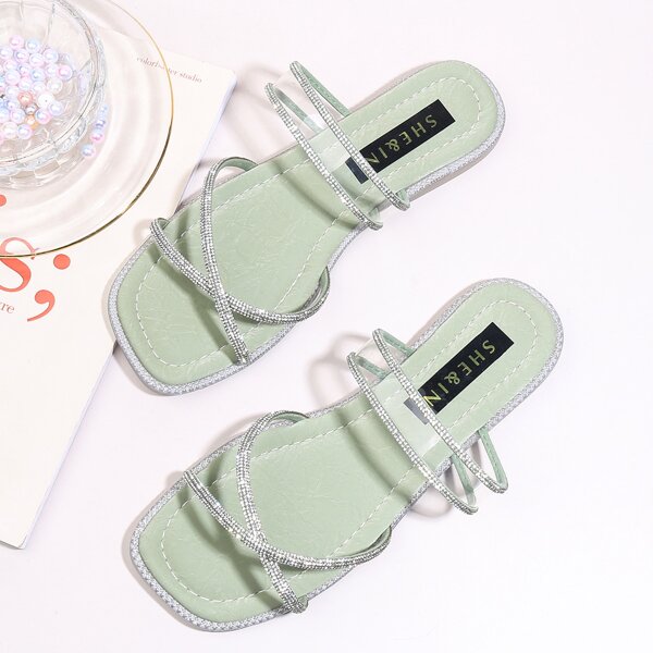 

Rhinestone Decor Cross Strap Slide Sandals, Green