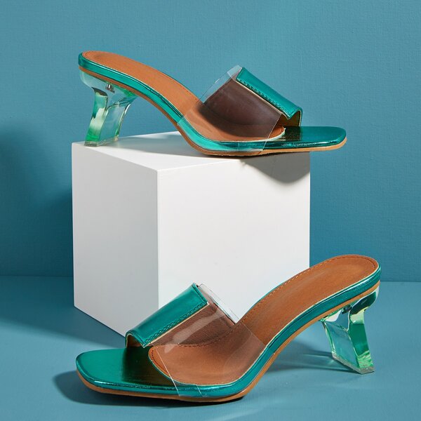 

Metallic Strap Heeled Sandals, Green